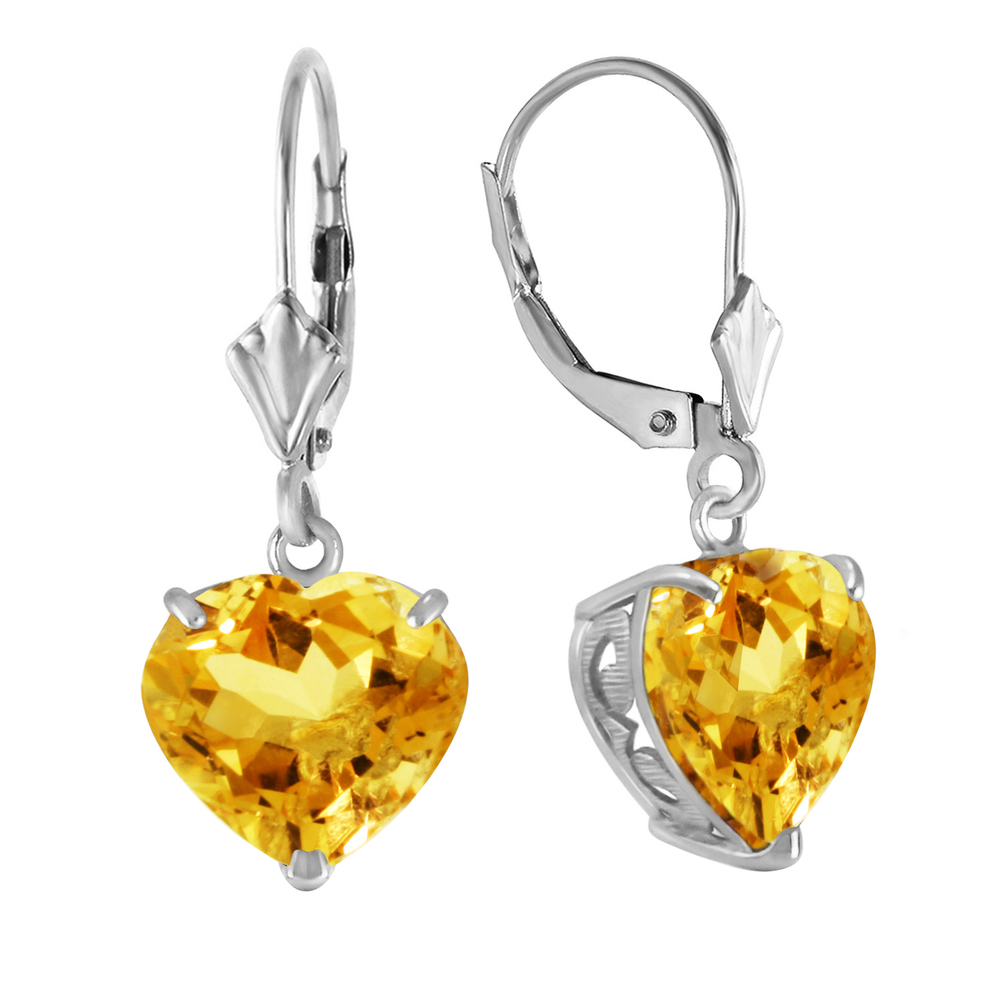 14K. SOLID GOLD LEVER BACK EARRINGS NATURAL 10mm HEART CITRINES (White Gold)